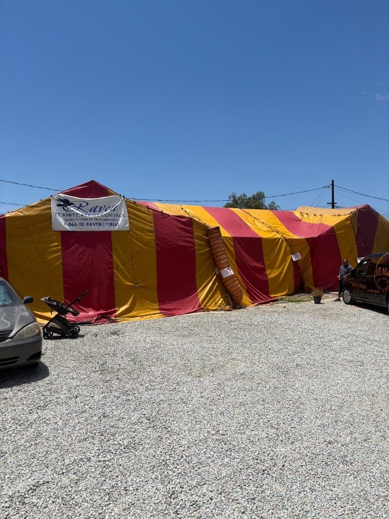 Manufactured home covered end to end by a striped fumigation tent
